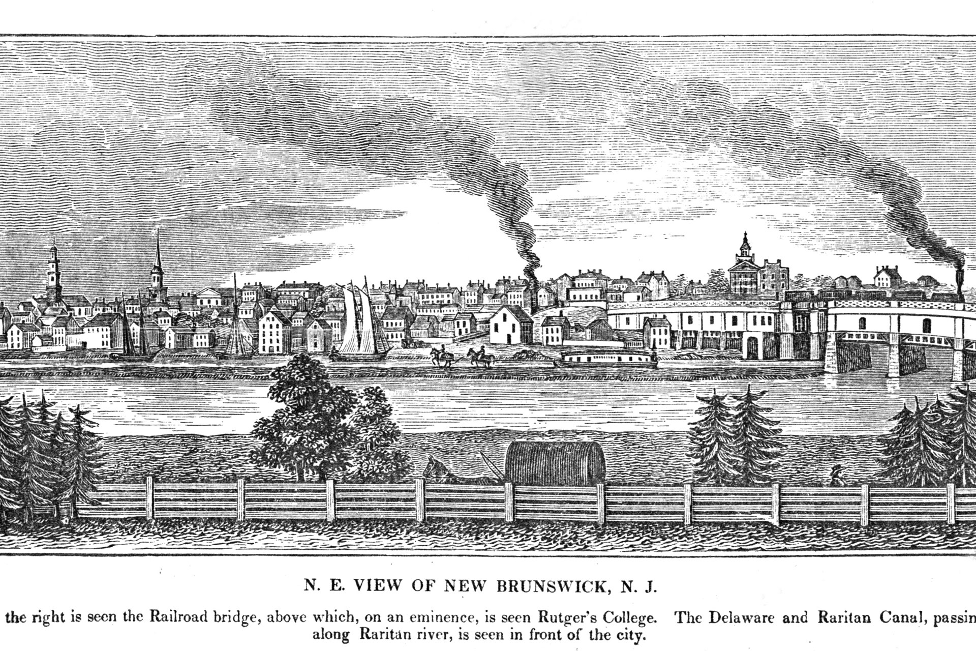 This illustration of New Brunswick shows a boat being pulled along the canal between the city and the Raritan River.