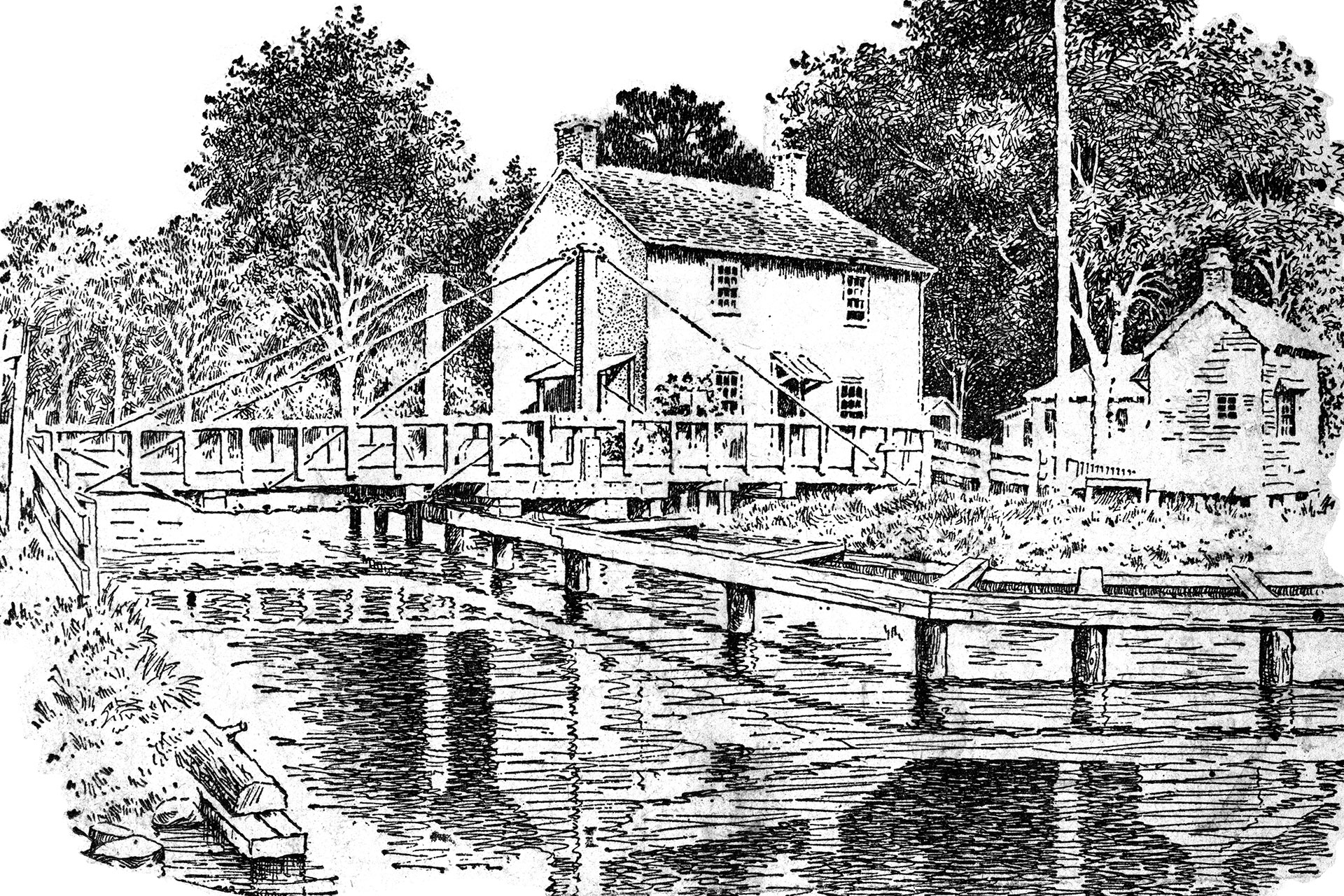 This drawing shows the swing bridge at Griggstown. The bigger building is the bridgetender’s house, while the smaller one to the right is the hut where he waited for approaching boats.
