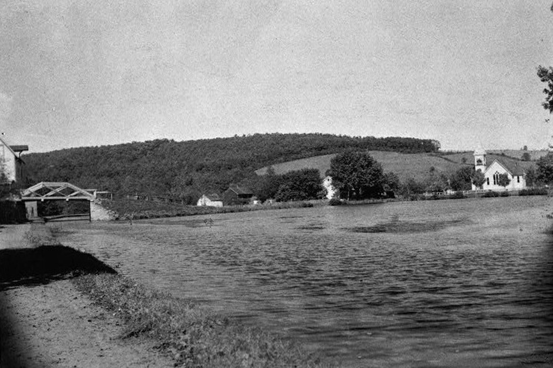 A large basin was located in Port Colden on the site of the current Port Colden school. The church seen on the far side of the basin still exists.
