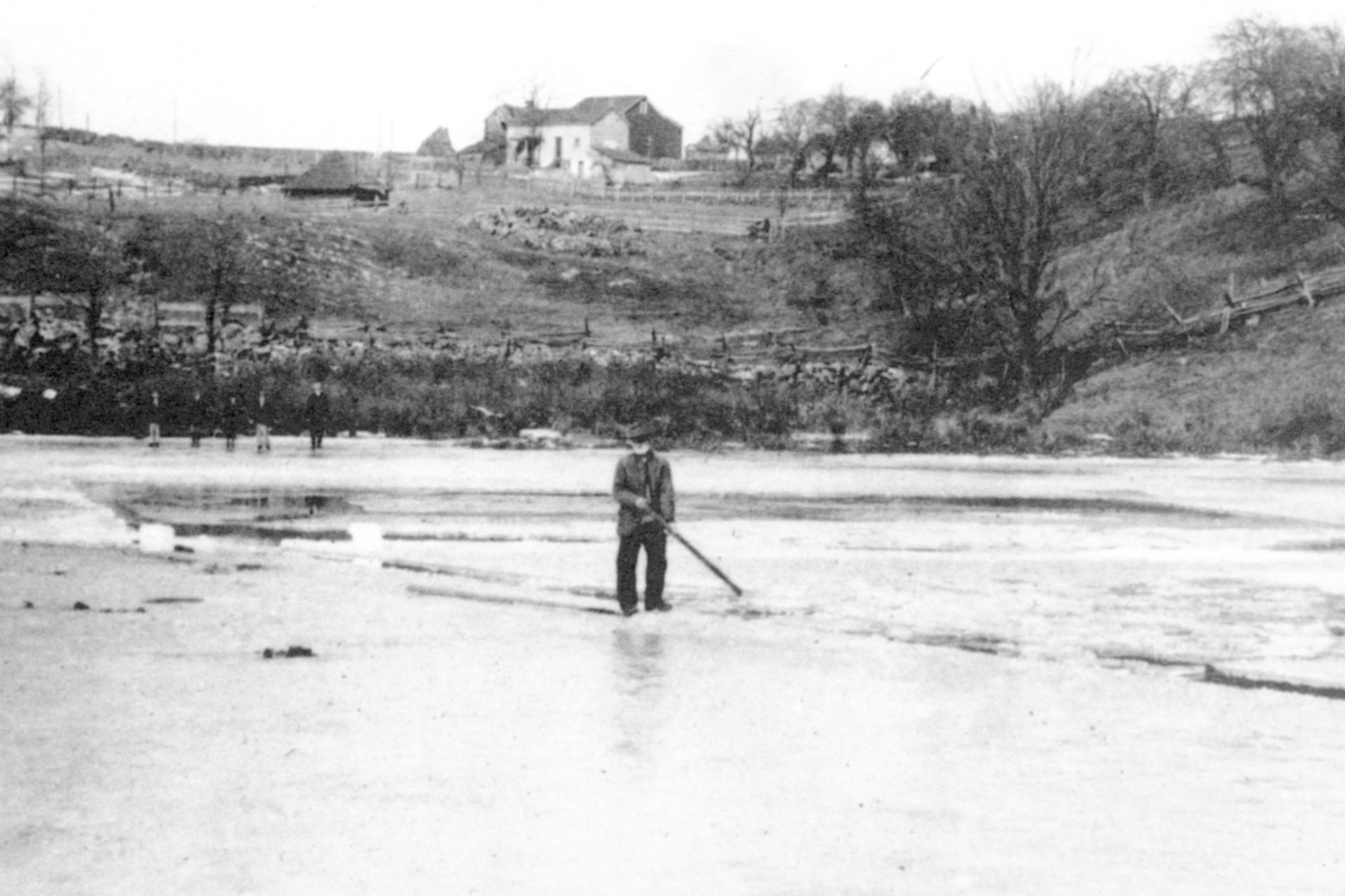 Canal traffic halted once the canal froze over. However, as seen here at the Port Murray basin, ice cutting became a popular industry during the Winter months.