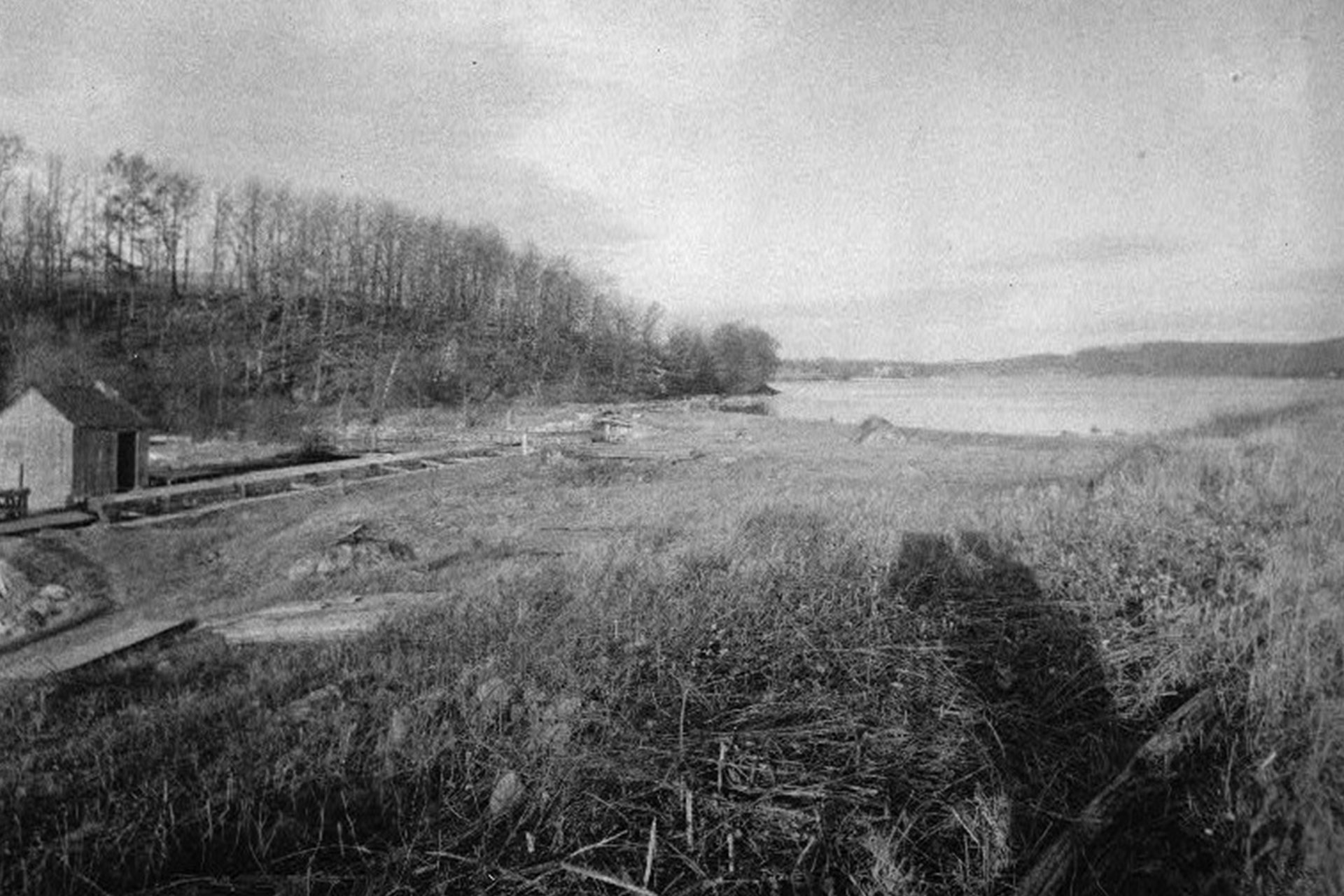 Taken from the area of the lock tender’s house, this view looks down on Brooklyn Lock and an undeveloped Lake Hopatcong. Today this same view would show the dam at Hopatcong State Park.