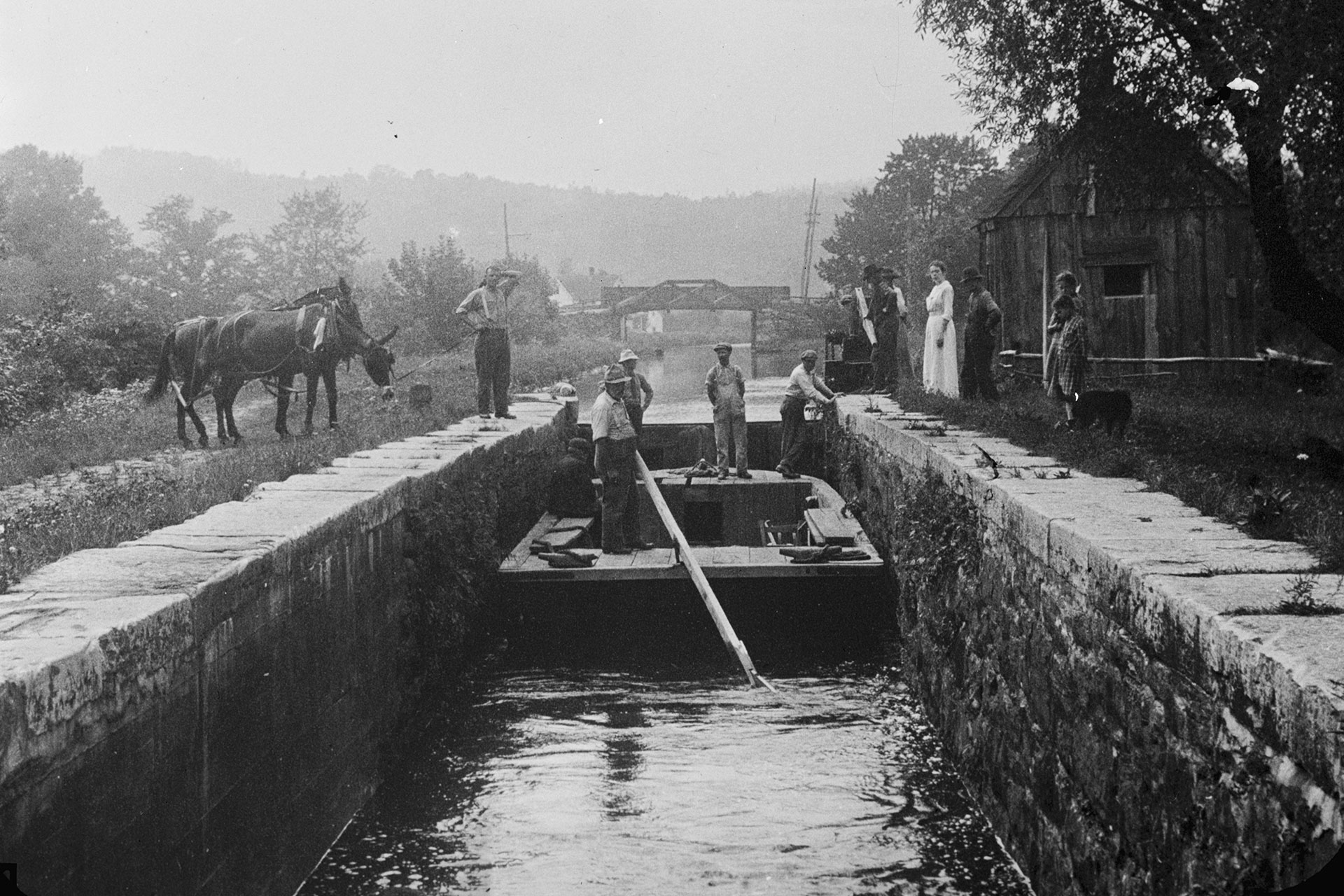 A westward bound work scow passes through Lock 1 East in Ledgewood, while the mule team takes a break. The bridge in the background is Main Street.
