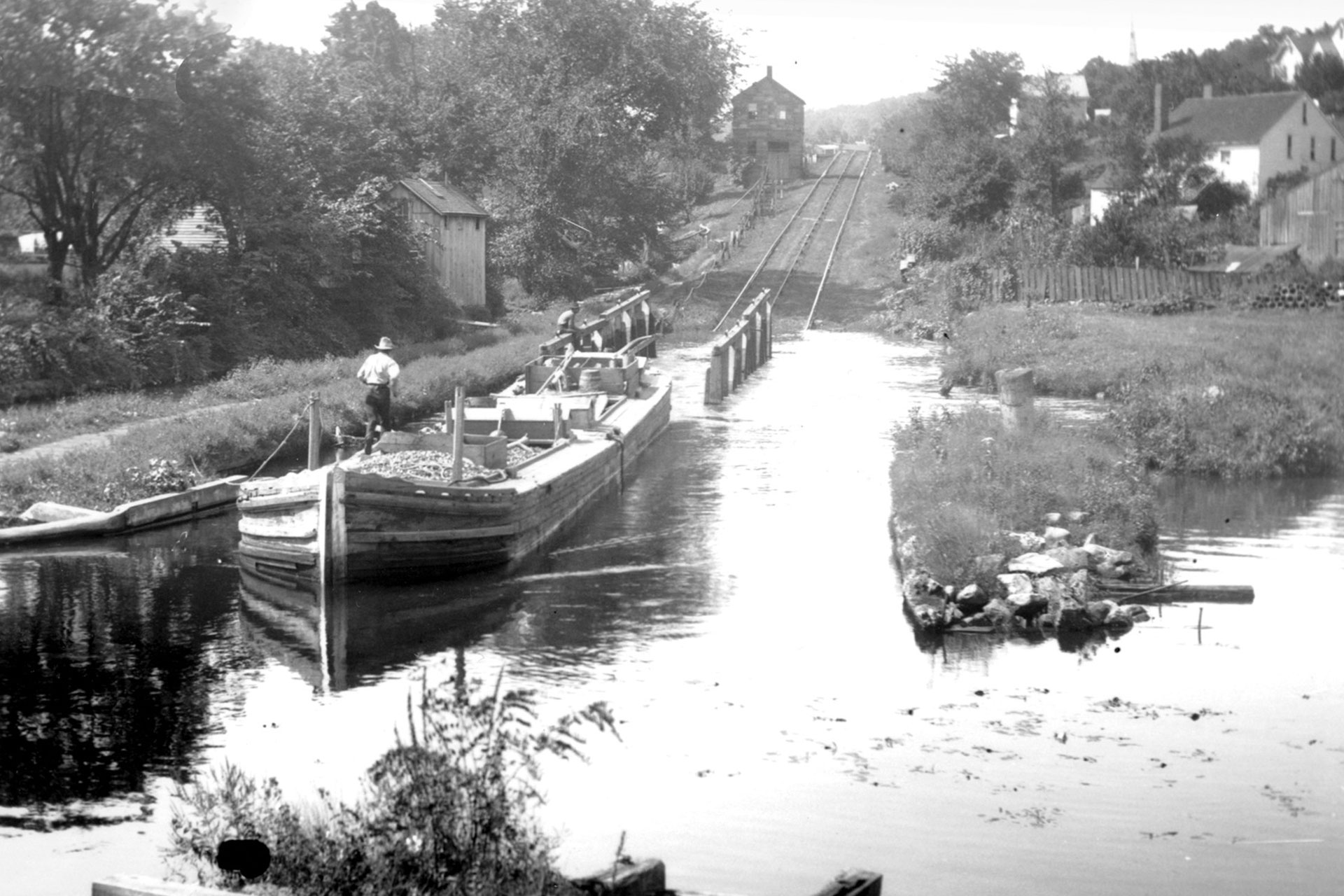 A boat leaves the cradle at Plane 6 East in Rockaway. It was the first inclined plane constructed on the Morris Canal.
