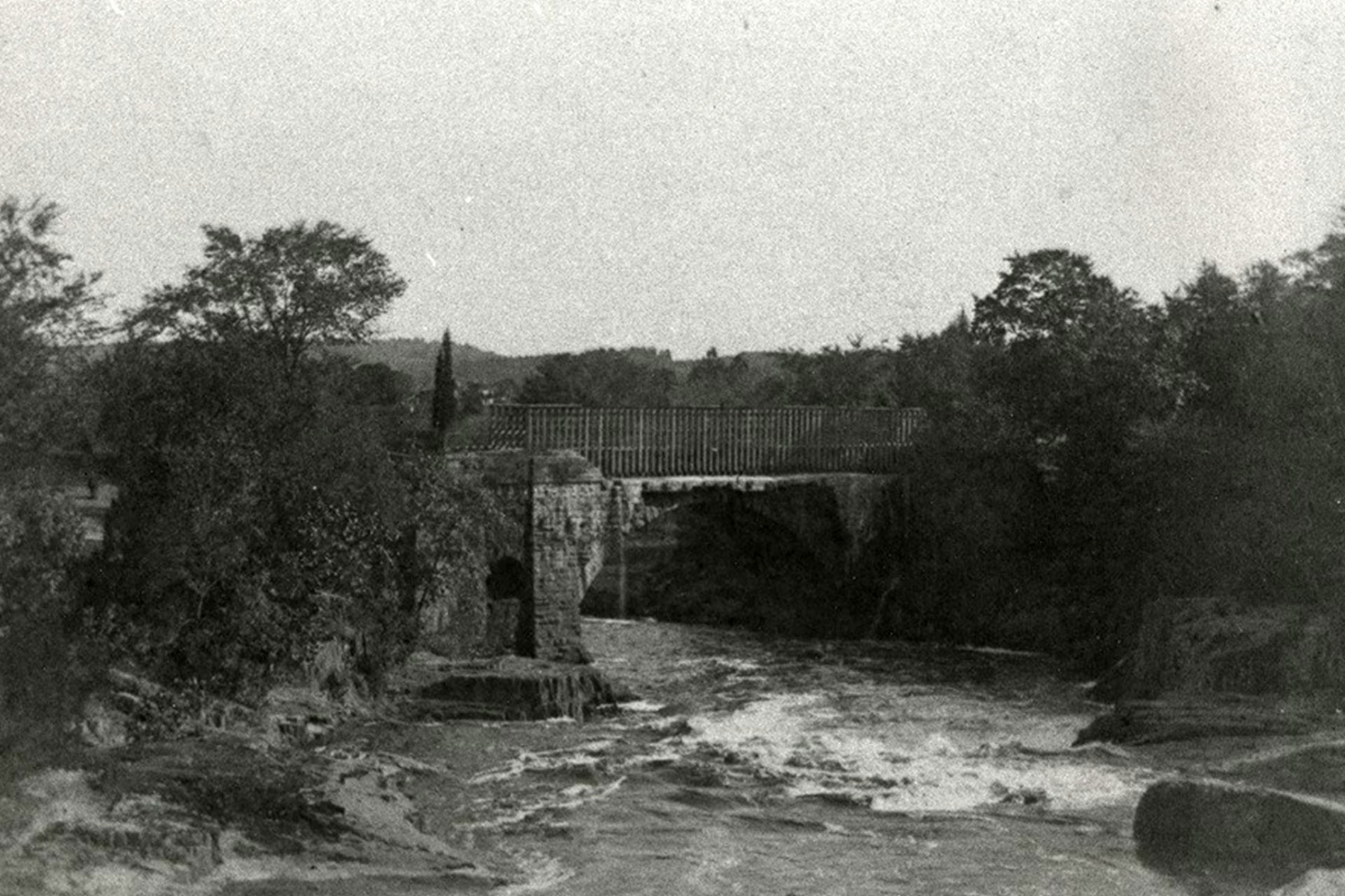 The aqueduct at Little Falls was the largest manmade structure on the Morris Canal. It spanned the Passaic River and was demolished shortly after the canal was abandoned.