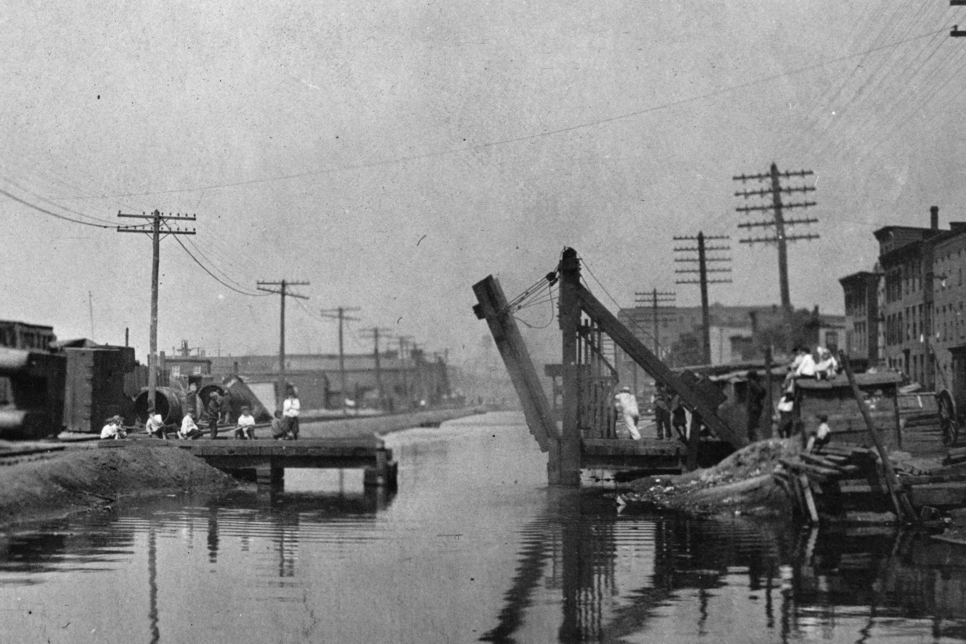 This view looks west toward a canal bridge near Grove Street in Jersey City. The eastern terminus on the Hudson River is not far away.